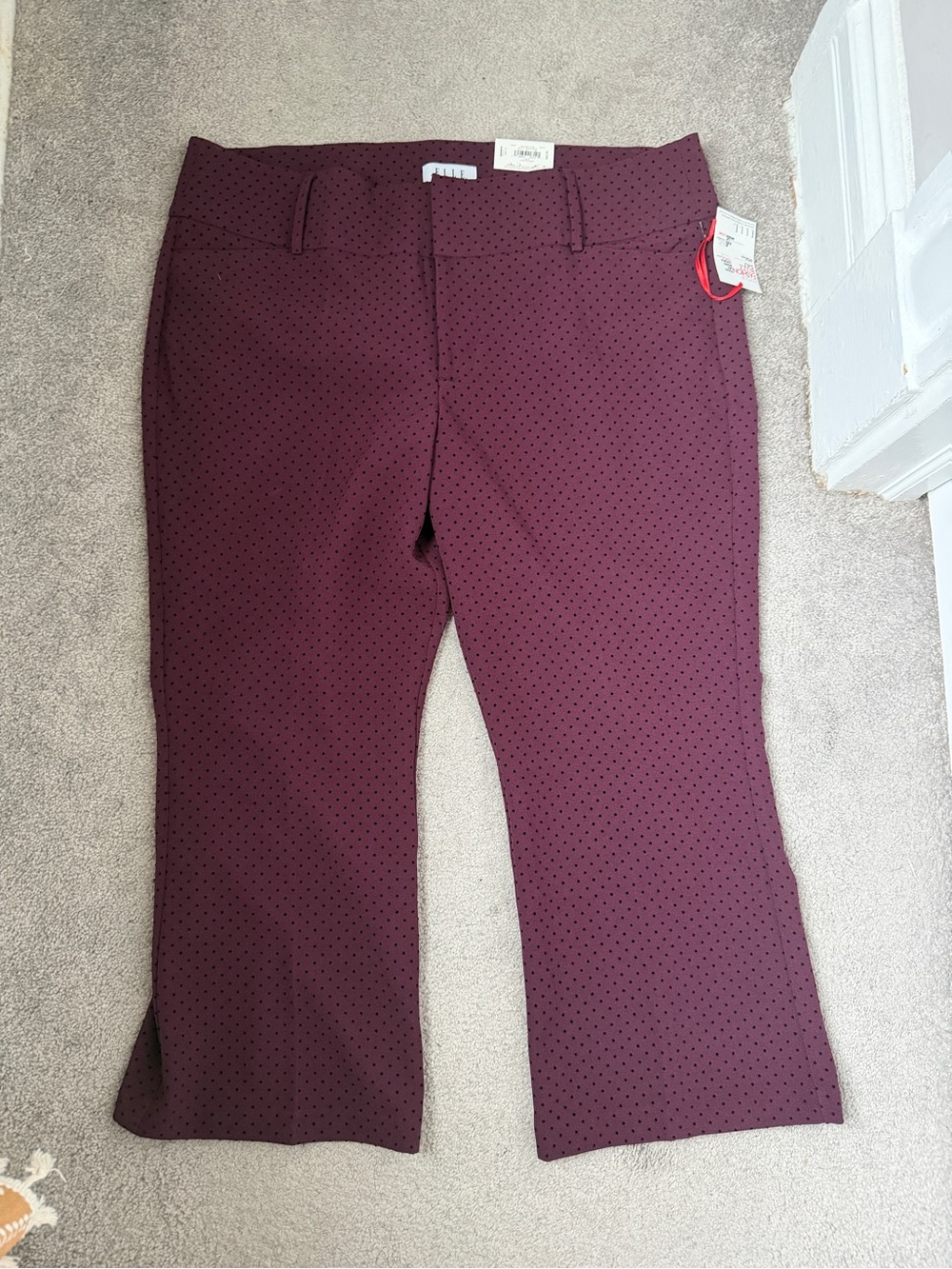 Elle Burgundy Flared Ankle Pants with Black Polka Dots